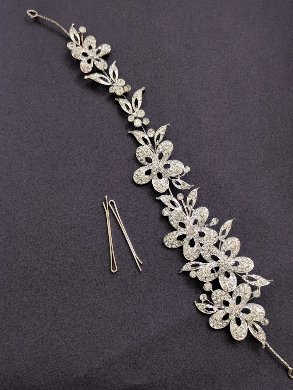 Silver Floral Crystal Hair Vine - Women Accessories
